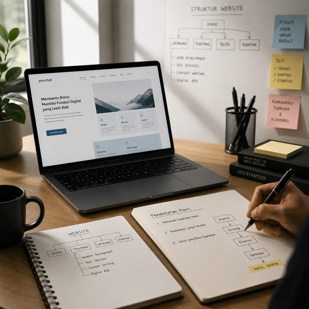 Proses perencanaan struktur website dan strategi digital Amorfati Idea Indonesia